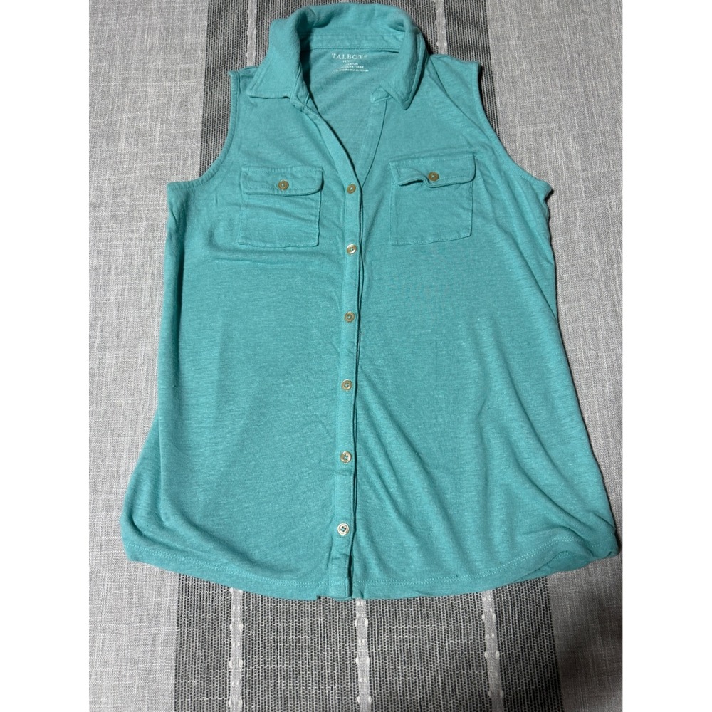 Talbots Petite P Sleeveless Button Down Linen Blend Shirt Teal Slub Top bin 7